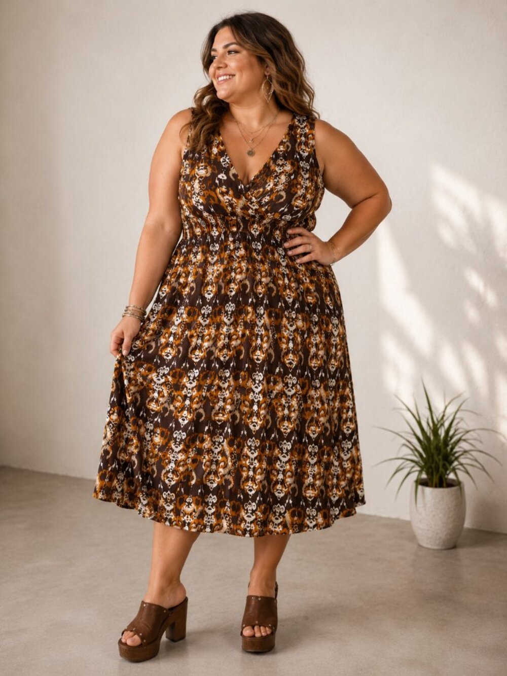 Avenue Y2K Brown Boho Ikat Print Empire Waist Cotton Midi Dress 18/20